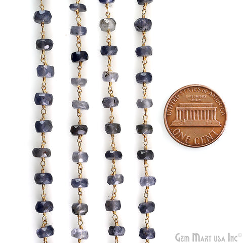 Iolite Faceted Beads 6-7mm Gold Wire Wrapped Beaded Rosary Chain
