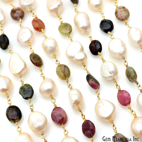 Multi Tourmaline & Freshwater Pearl Rondelle Beads 10x6mm Gold Plated Wire Wrapped Rosary Chain