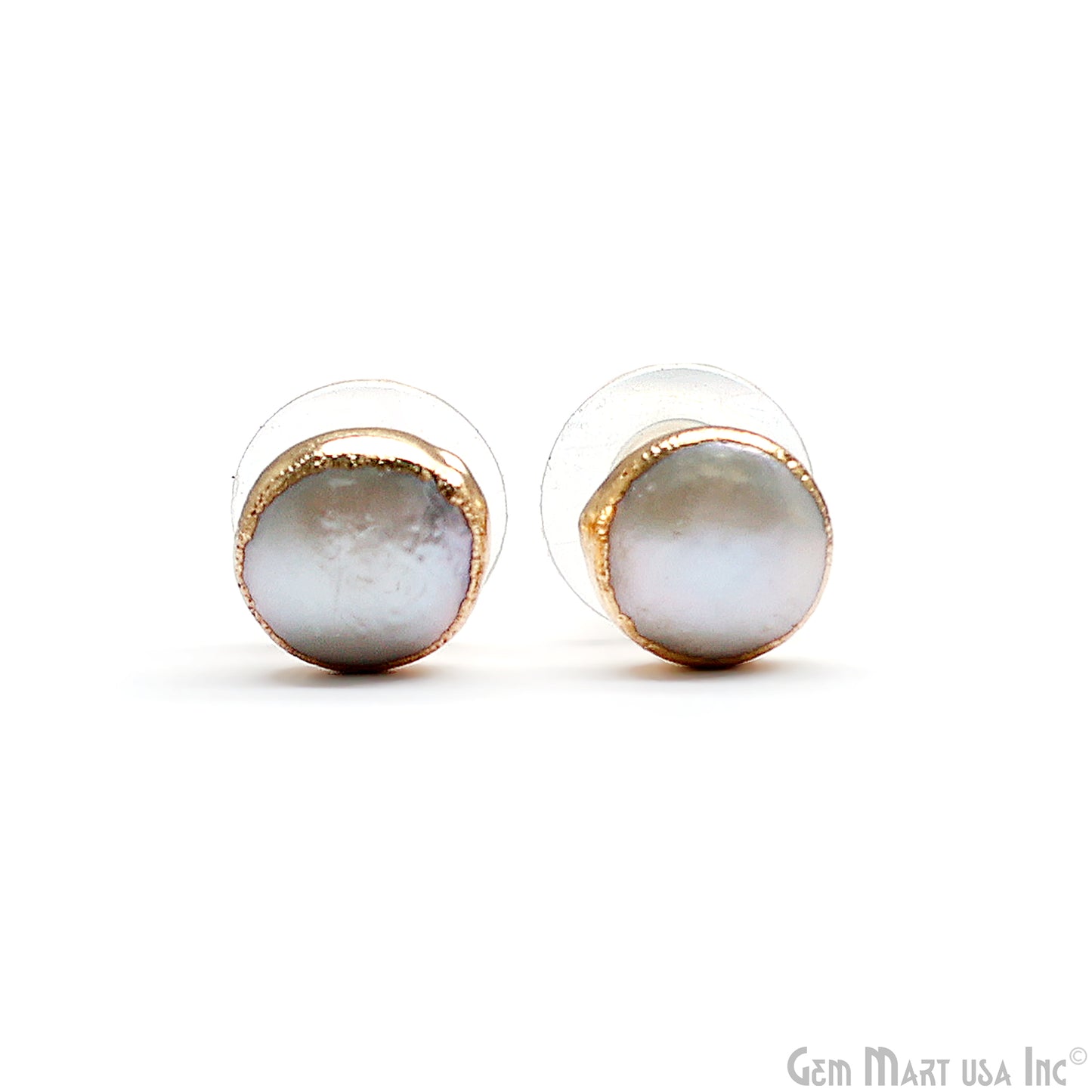 Natural Pearl Round Gemstone 10mm Gold Electroplated Stud Earring