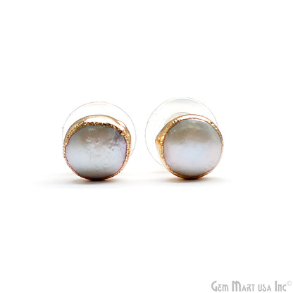 Natural Pearl Round Gemstone 10mm Gold Electroplated Stud Earring