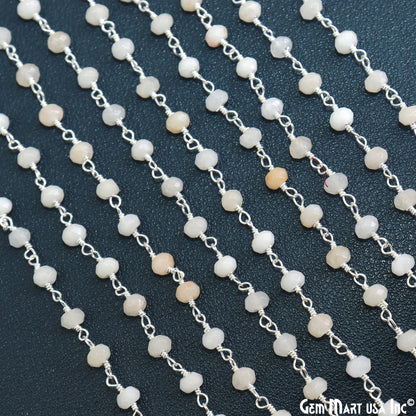 OFF White Jade 4mm Faceted Beads Silver Plated Wire Wrapped Rosary Chain