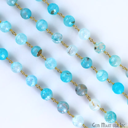 Sky Blue Banded Agate Jade Faceted Beads 10mm Gold Wire Wrapped Rosary Chain