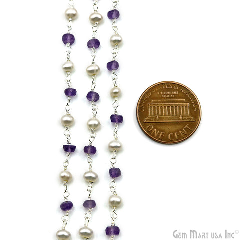 Amethyst With Freshwater Pearl 3-3.5mm Silver Plated Wire Wrapped Rosary Chain