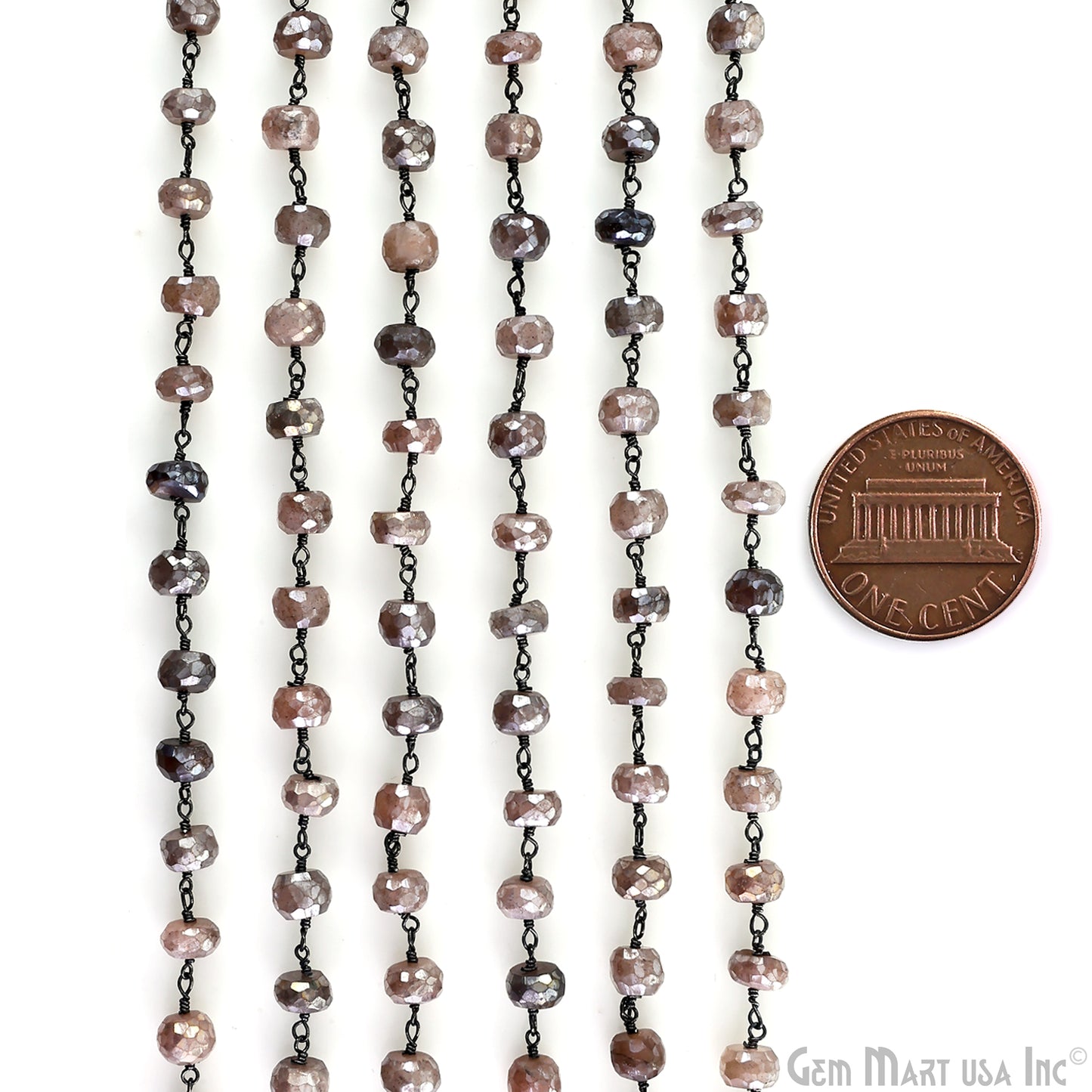 Peach Moonstone Faceted Beads 6-7mm Oxidized Wire Wrapped Beaded Rosary Chain