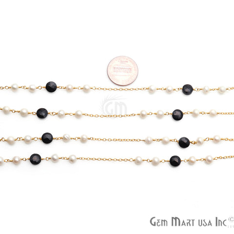 Black Spinel 6mm Freshwater Pearl 5mm Beaded Gold Plated Wire Wrapped Rosary Chain - GemMartUSA