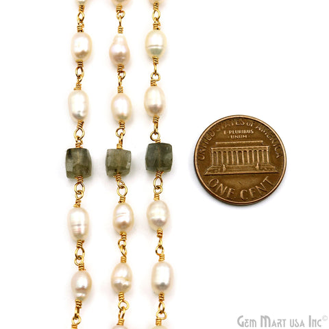 Labradorite Box Beads With Freshwater Pearl freeform Beads Gold Wire Wrapped Rosary Chain