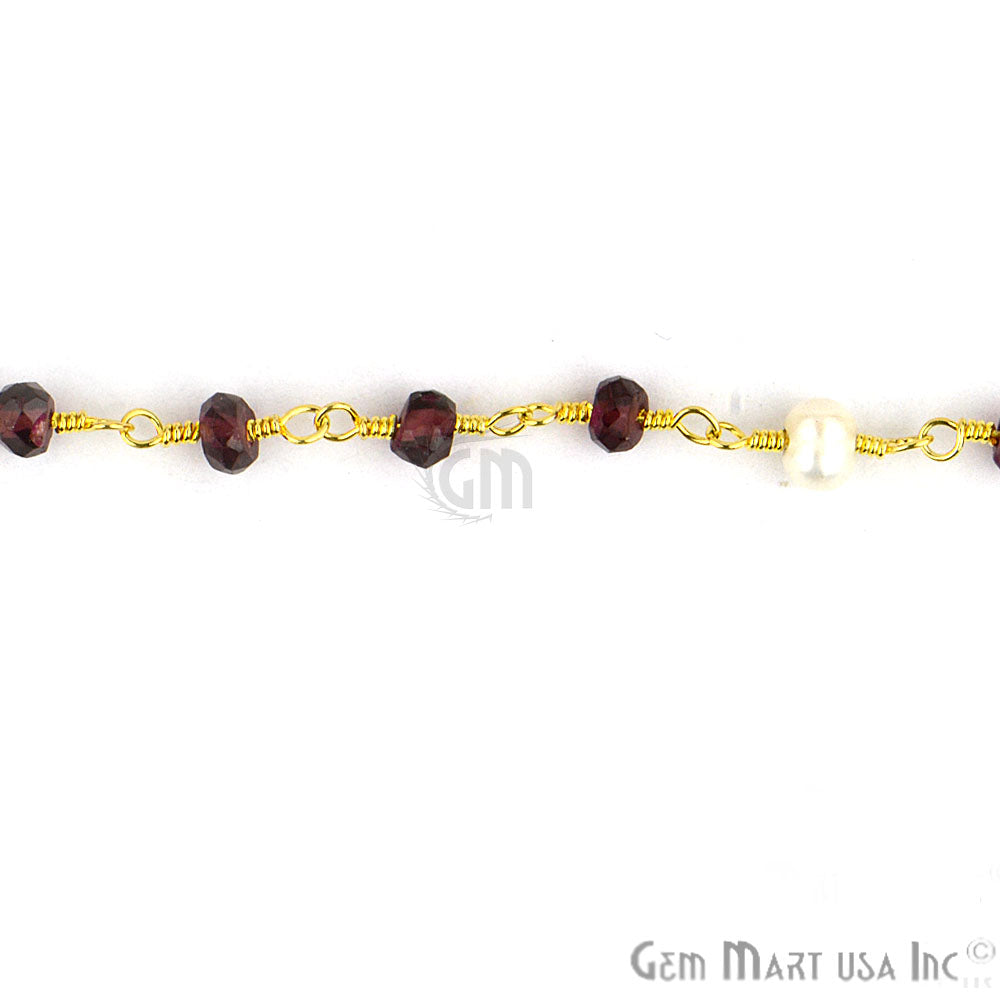 Garnet With Freshwater Pearl Gold Plated Wire Wrapped Beads Rosary Chain - GemMartUSA