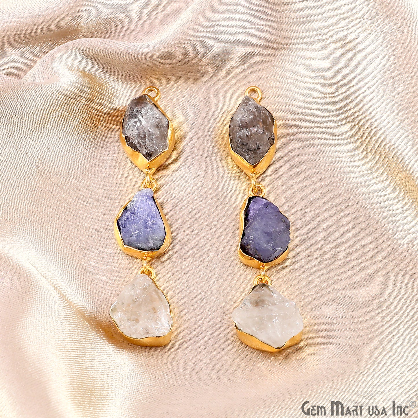 Rough Gemstone Bezel Setting 58x10mm Gold Plated Long Dangle Earring Pair Connectors