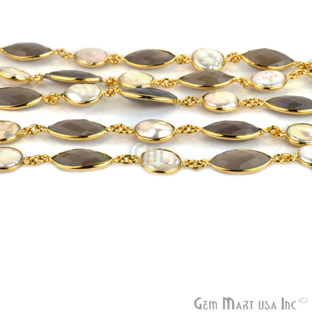 Gray Chalcedony with Freshwater Pearl 10x20mm Gold Bezel Continuous Connector Chain - GemMartUSA (764271820847)