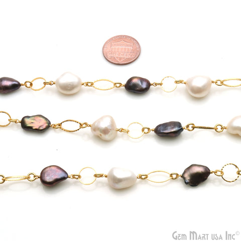 Black Freshwater Pearl & Freshwater Pearl With Gold Marquise Finding Rosary Chain