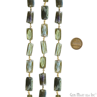 Labradorite Rectangle 19x8mm Beaded Gold Wire Wrapped Rosary Chain