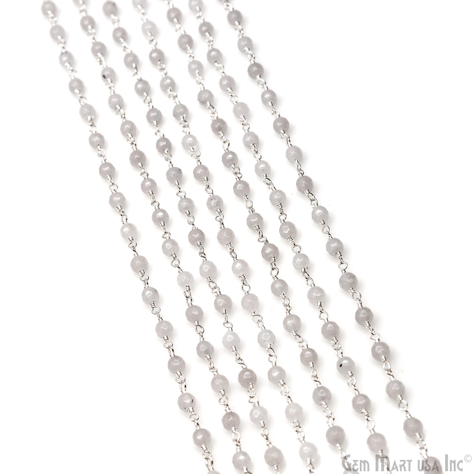 White Jade 4mm Faceted Beads Silver Wire Wrapped Rosary