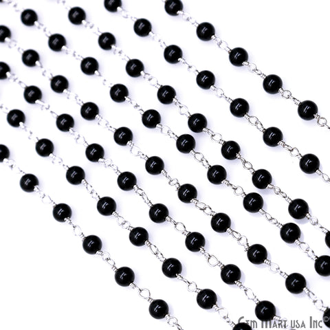 Black Jade Cabochon Beads 4mm Silver Wire Wrapped Rosary Chain