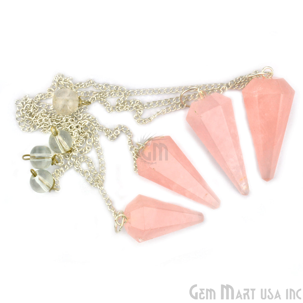 Rose Quartz Crystal Dowsing Pendulum - Natural Gemstone Pendant with Silver Chain