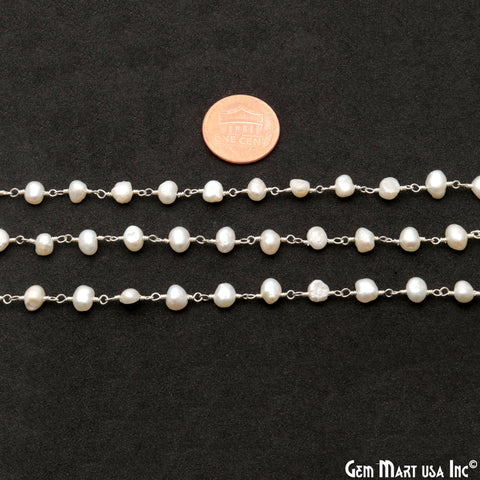 Freshwater Pearl Free Form Beads 5-6mm Silver Plated Wire Wrapped Rosary Chain