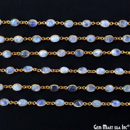 Rainbow Moonstone 6x8mm Oval Gold Plated Bezel Cabochon Continuous Connector Chain