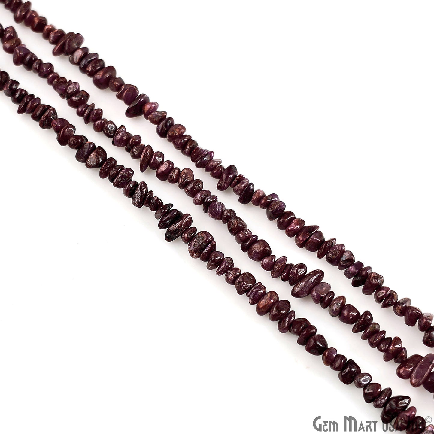 Ruby Chip Beads, 34 Inch, Natural Chip Strands, Drilled Strung Nugget Beads, 3-7mm, Polished, GemMartUSA (CHRB-70001)