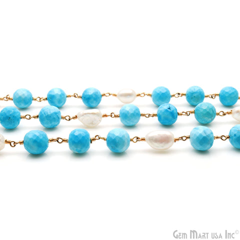 Turquoise & Freshwater Pearl With Gold Wire Wrapped Rosary Chain