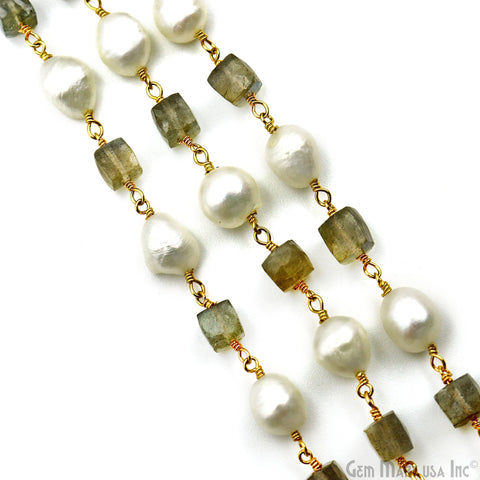 Labradorite Box Beads With Freshwater Pearl freeform Beads Gold Wire Wrapped Rosary Chain