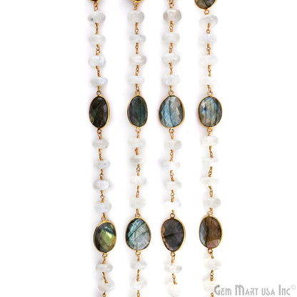 Rainbow Moonstone Beads & Labradorite Bezel Connector Gold Plated Rosary Chain