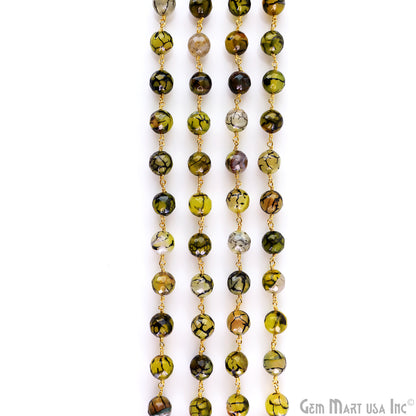 Yellow Green Dragon Agate Faceted Beads 10mm Gold Wire Wrapped Rosary Chain