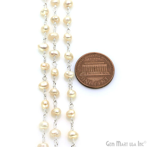 Freshwater Pearl Organic Beads Silver Wire Wrapped Rosary Chain