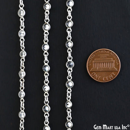 White Zircon 4mm Round Silver Bezel Continuous Connector Chain