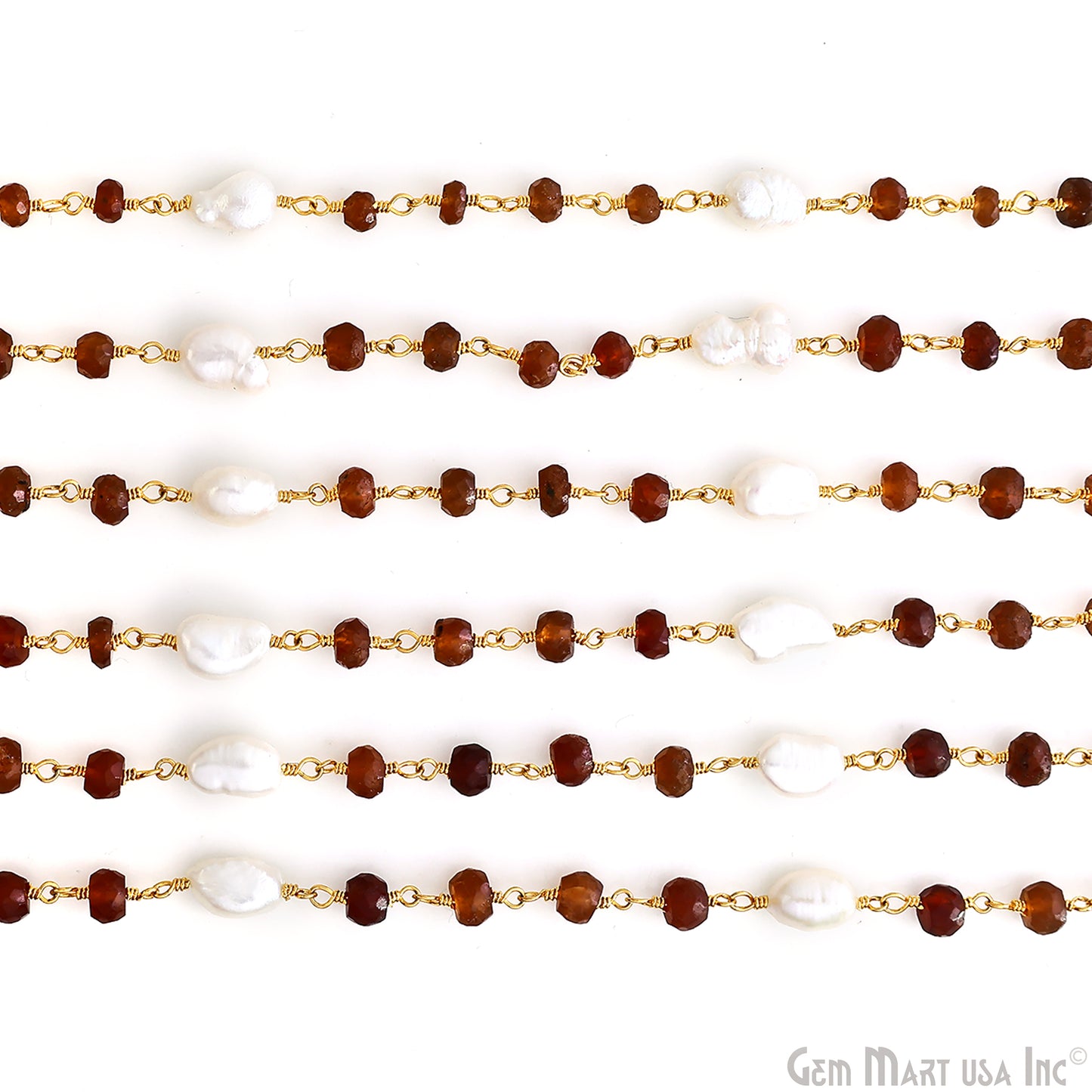 Hessonite 4-5mm & Pearl 8x5mm Beads Gold Plated Rosary Chain