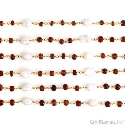 Hessonite 4-5mm & Pearl 8x5mm Beads Gold Plated Rosary Chain