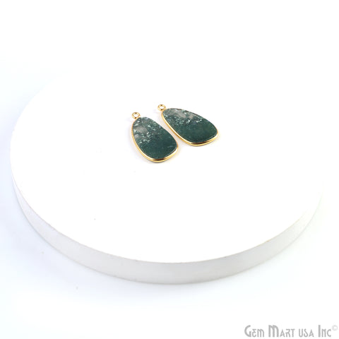 Moss Agate Pears Gold Plated Single Bail Bezel Smooth Slab Slice Thick Gemstone Connector 29x16mm 1 Pair