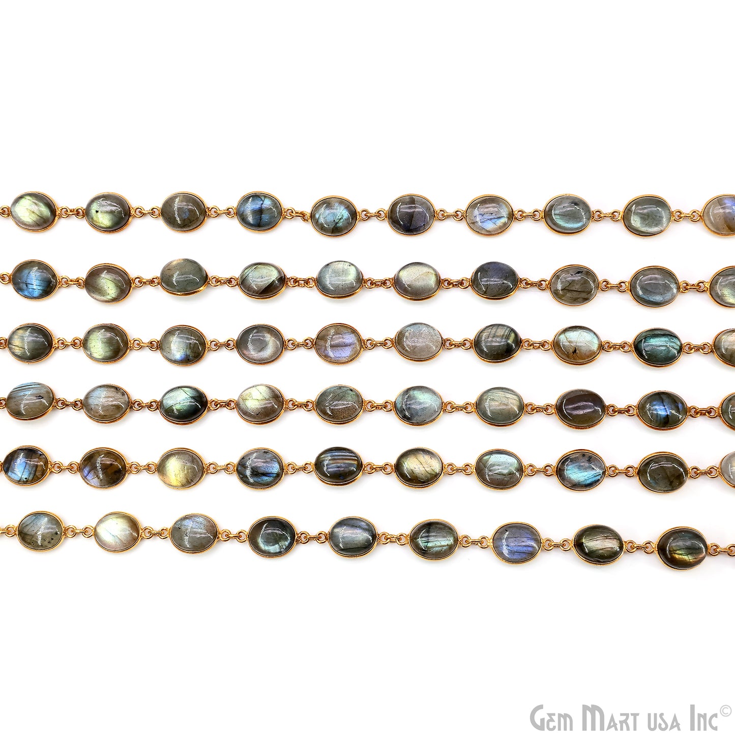 Labradorite Cabochon 9x11mm Oval Shape Gold Plated Bezel Continuous Connector Chain