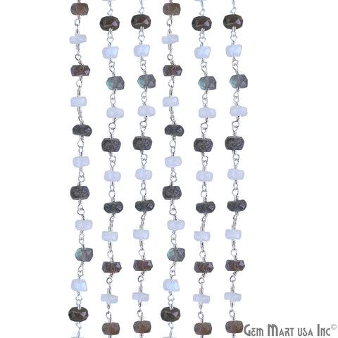 Moonstone & Labradorite Oblate Faceted Beads 6-7mm Silver Wire Wrapped Rosary Chain