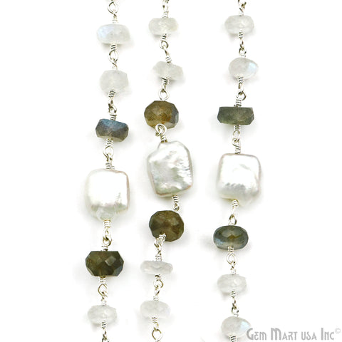 Rainbow, Labradorite & Freshwater Pearl Silver Wire Wrapped Rondelle Beads Rosary Chain
