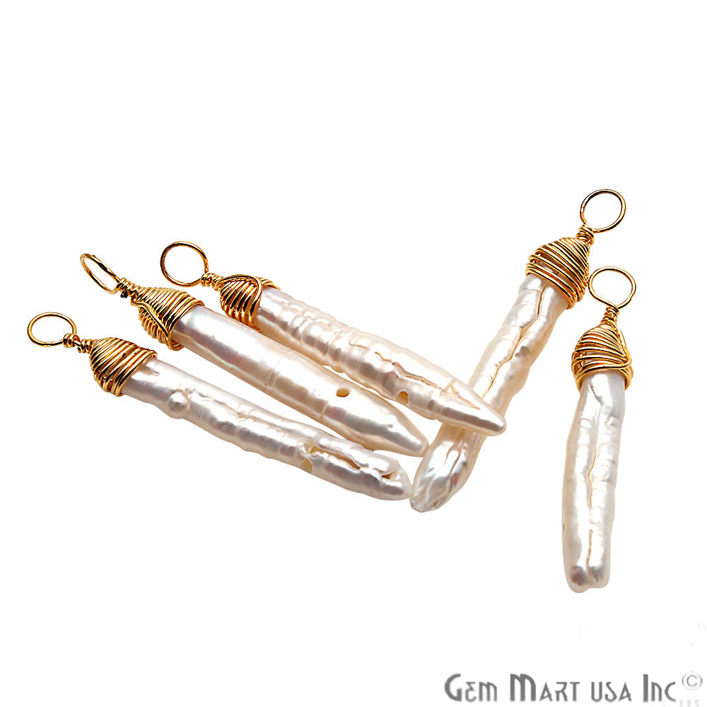 Freshwater Pearl Gold Plated Single Bail Wire Wrapped 31x5mm Gemstone Connector - GemMartUSA
