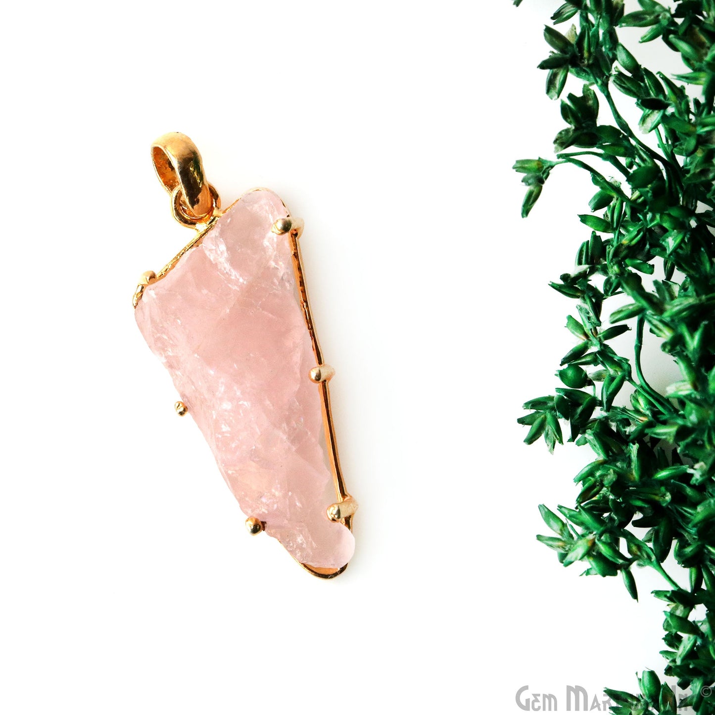 Natural Morganite Organic 40x17mm Gold Plated Prong Setting Single Bail Gemstone Pendant