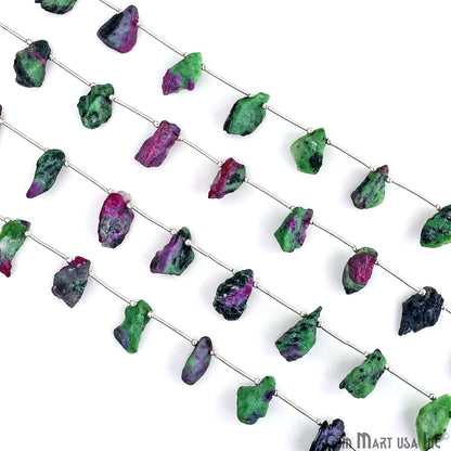 Ruby Zoisite Rough Beads, 9.5 Inch Gemstone Strands, Drilled Strung Briolette Beads, Free Form, 12x20mm