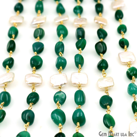 Green Onyx & Freshwater Pearl Tumble Beads Gold Plated Rosary Chain