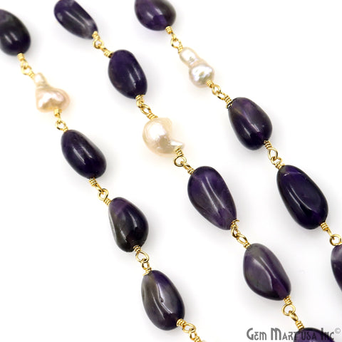 Amethyst & Freshwater Pearl Tumbled Beads Gold Plated Wire Wrapped Rosary Chain