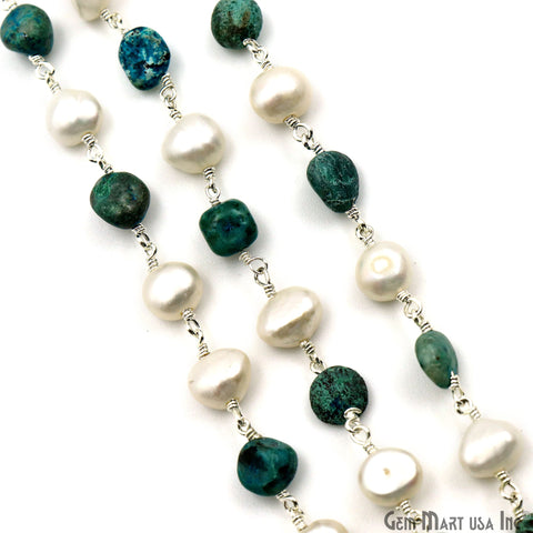 Chrysocolla Tumble Beads 8x5mm & Freshwater Pearl 7-8mm Beads Silver Plated Rosary Chain