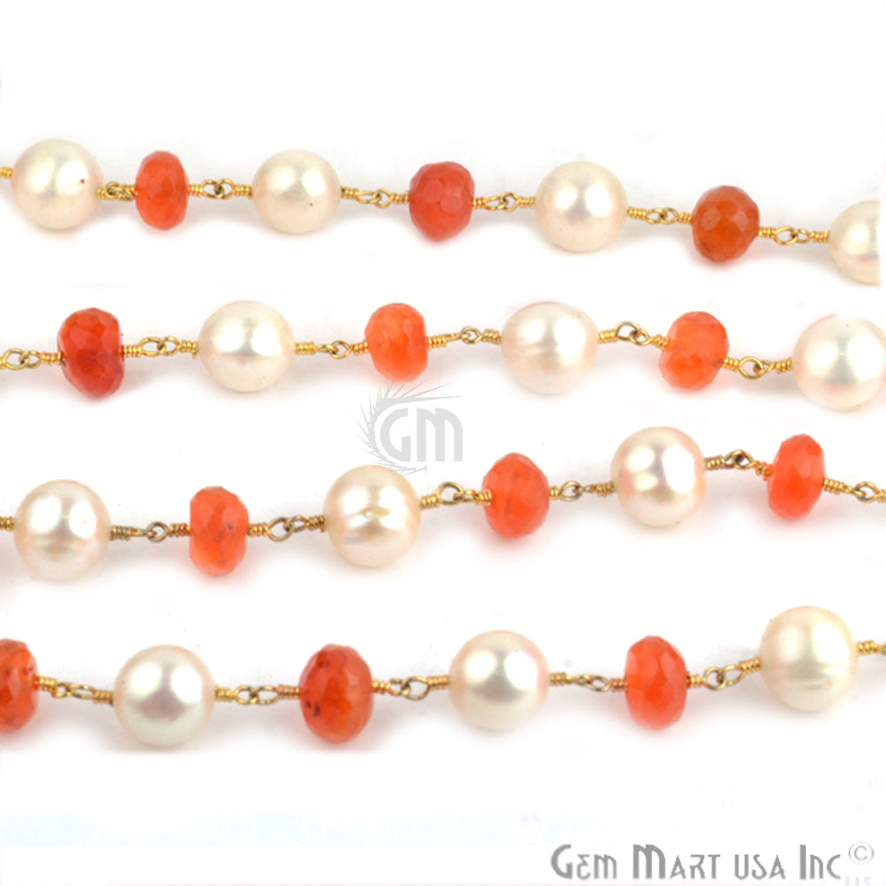 Carnelian With Freshwater Pearl 7-9mm Beads Chain, Gold Plated Wire Wrapped Rosary Chain - GemMartUSA (764032483375)