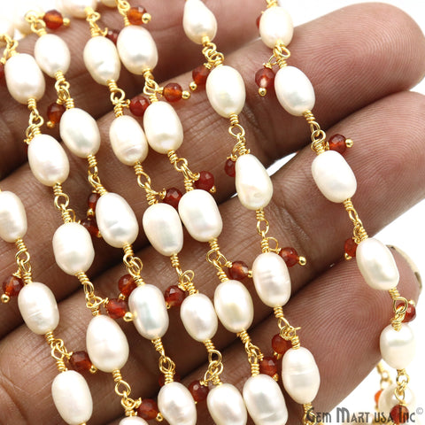 Freshwater Pearl And Carnelian Faceted Beads Gold Wire Wrapped Beads Rosary Chain