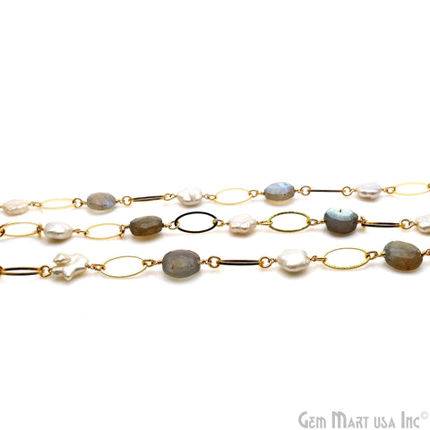 Labradorite & Freshwater Pearl With Gold Oval Finding Rosary Chain