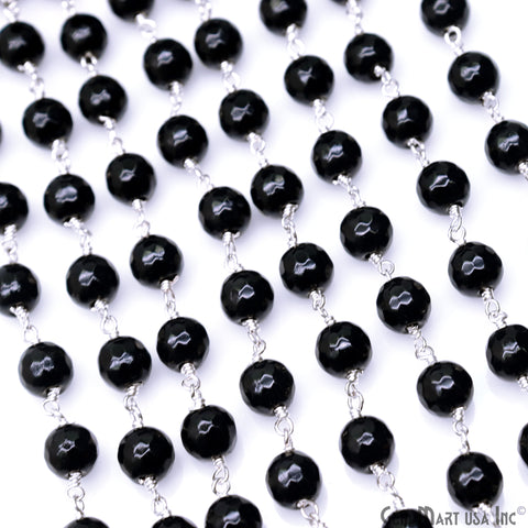Black Jade Faceted Beads 8mm Silver Plated Gemstone Rosary Chain