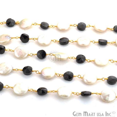 Black Spinel 6-7mm With Freshwater Pearl 9-10mm Gold Plated Wire Wrapped Beads Rosary Chain - GemMartUSA (763923824687)