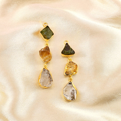 Rough Gemstone Bezel Setting 57x10mm Gold Plated Long Dangle Earring Pair Connectors
