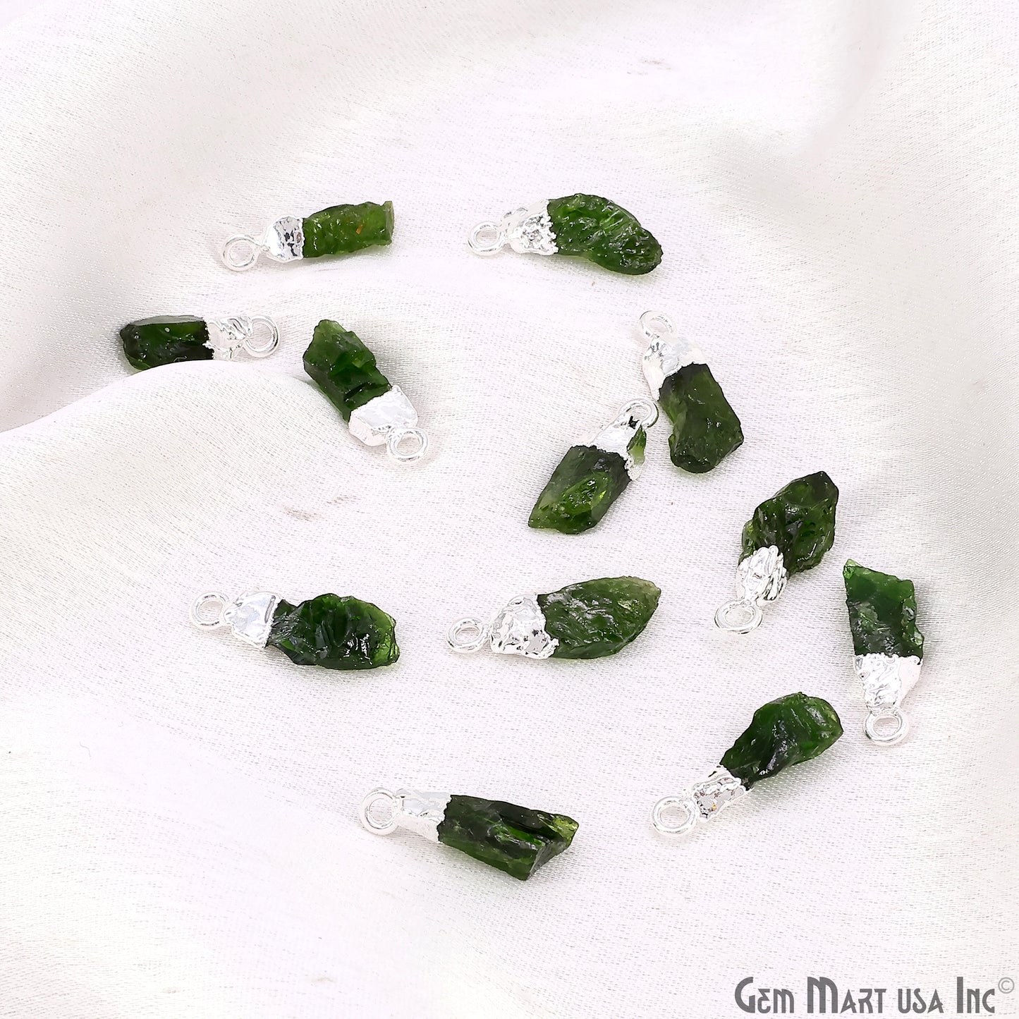 Raw Chrome Diopside Gemstone 18x5mm Organic Shape Silver Edged Single Bail Connector Charm