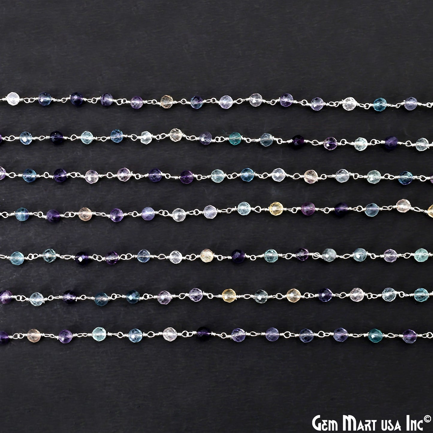 Fluorite 4mm Silver Plated Beaded Wire Wrapped Rosary Chain