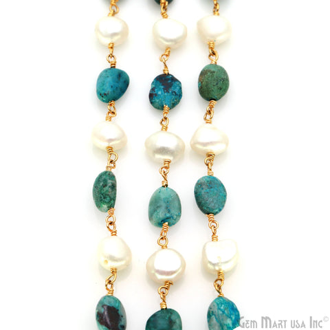 Chrysocolla Tumble Beads 8x5mm & Freshwater Pearl 7-8mm Beads Gold Plated Rosary Chain