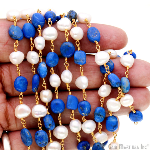 Lapis Tumble Beads 8x5mm & Freshwater Pearl 7-8mm Beads Gold Plated Rosary Chain