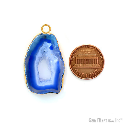 Blue Agate Geode Druzy 1-2 Inch Single Bail Gold Electroplated Gemstone Connector